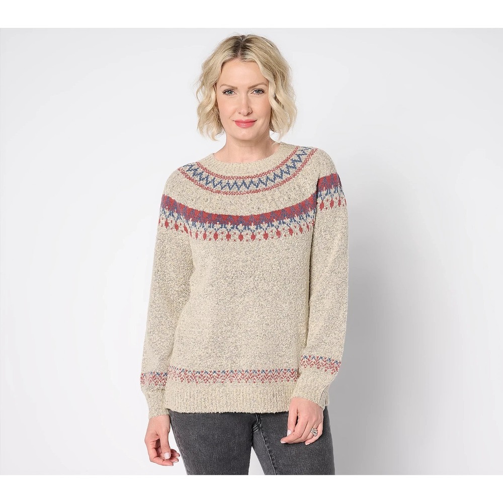 Denim & Co. Heritage Fair Isle Jacquard Sweater Oatmeal, XX-Small   #831P
